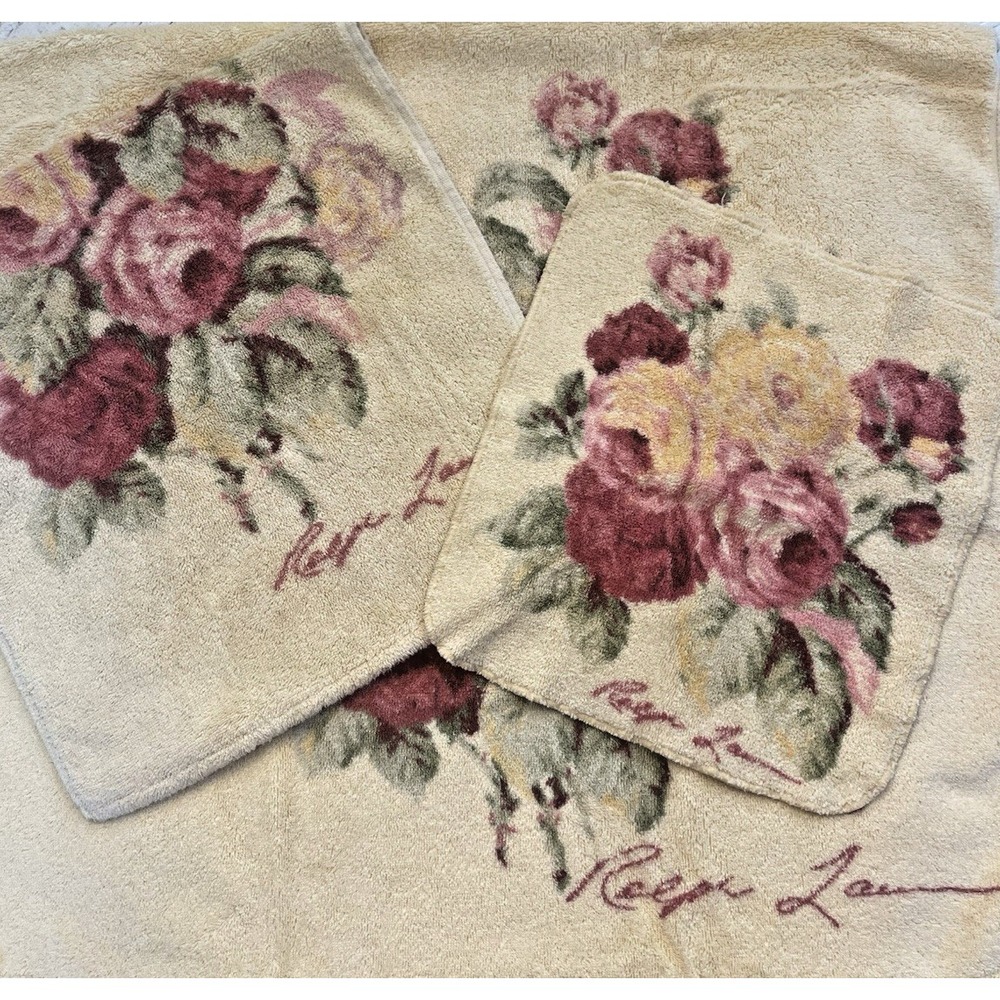 Vtg 3 pc Ralph Lauren Kathleen Bath Towel Set Bath Hand Face Cloth Yellow Roses